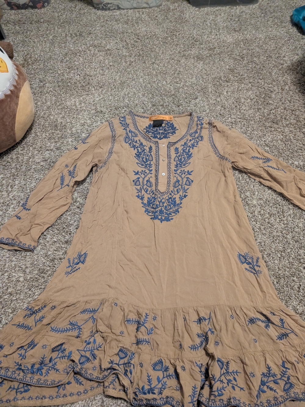 Embroidered Tan Long-Sleeve Midi Dress with Blue Floral Detail